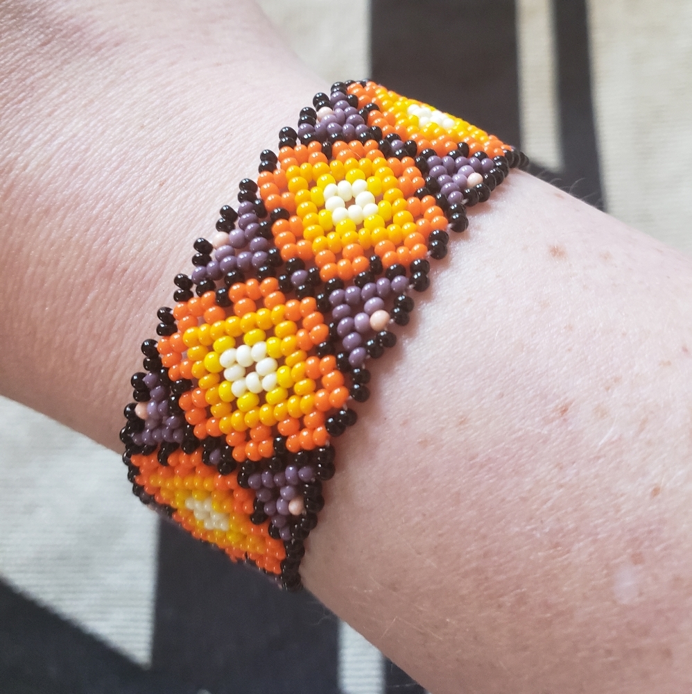 Orange & Purple Huichol Mexican Chaquira Bracelet